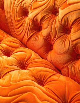 Rich orange velvet upholstery with deep tufting and swirling fabric texture