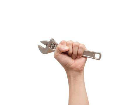 hand holding a wrench. Hand holding adjustable wrench on white isolated background,Labor tool technician. 