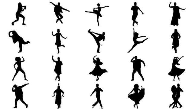 Silhouette people dancing in various poses isolated on transparent background, Vector