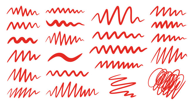 Collection of various hand drawn red scribble lines and wavy strokes on white background.