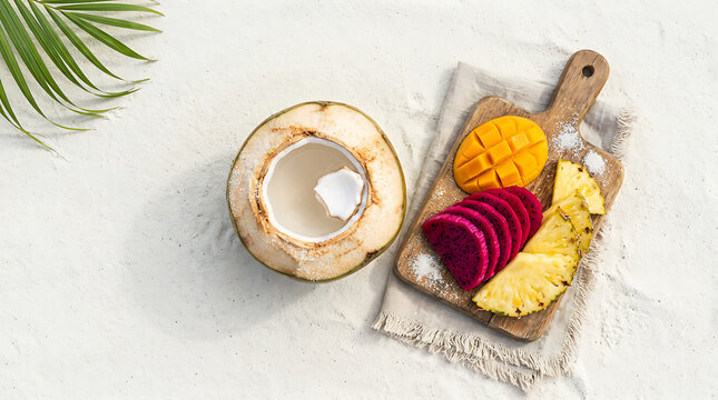 Overhead View of Tropical Fruit Spread on White Sand Beach