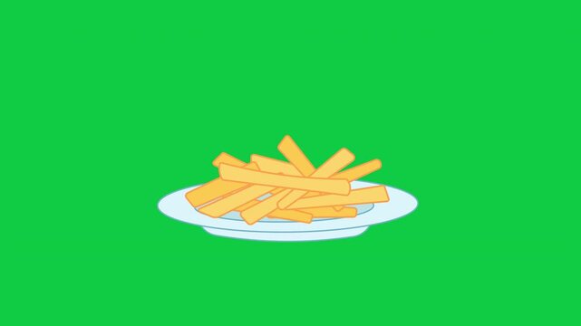 French Fries on Plate Flat 2D Cartoon Vector Animation Loop Green Screen