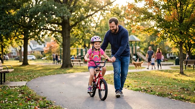Father Teaching Daughter to Ride Bicycle on Park Path with Autumn Foliage and Golden Hour Light, Family Outdoor Activity