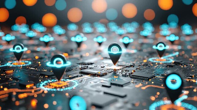 Futuristic digital map with glowing blue location pin icons hovering over a dark, high-tech circuit board surface. Abstract 3D visualization of geolocation, GPS navigation with copy space