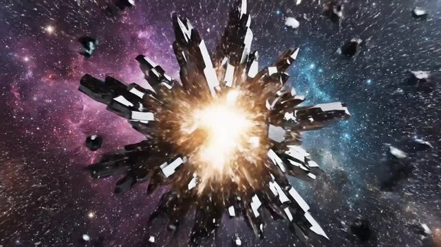 Abstract Cosmic Explosion and Disintegration in Space Reveals Colorful Nebula Background and Futuristic Energy Effects