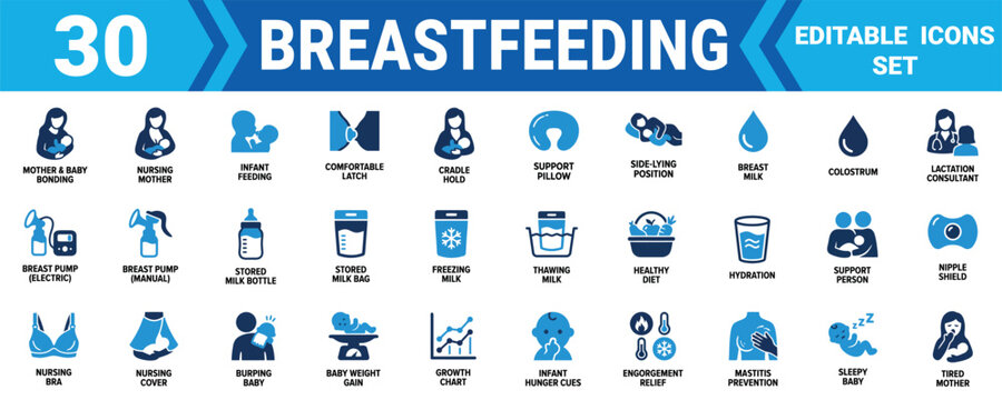 Set of 30 breastfeeding icons showing baby care mother nursing breast milk storage and health support Vector, illustration Minimal solid vector icon set bundle collection.Mega pack