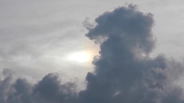 Natural grey sky with Parhelion, Sundog on Cirrostratus clouds and dark clouds cumulus in the evening. Topics: atmospheric optical phenomenon, cloudscape, meteorology, weather, climate, air space