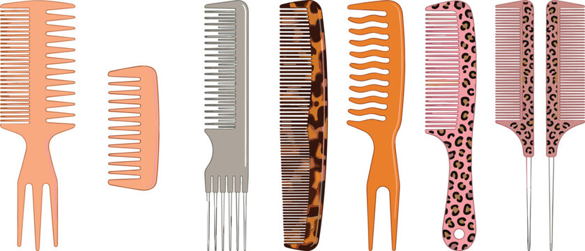 Hair Comb Vector Set with Wide Tooth Combs, Tail Combs, and Detangling Brushes in Pink, Leopard Print, and Tortoiseshell Patterns for Salon Styling
