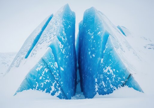Massive blue ice formation displaying deep, dramatic crevasses and rugged surface texture in a cold, snowy, high altitude environment, cold, high altitude, ancient