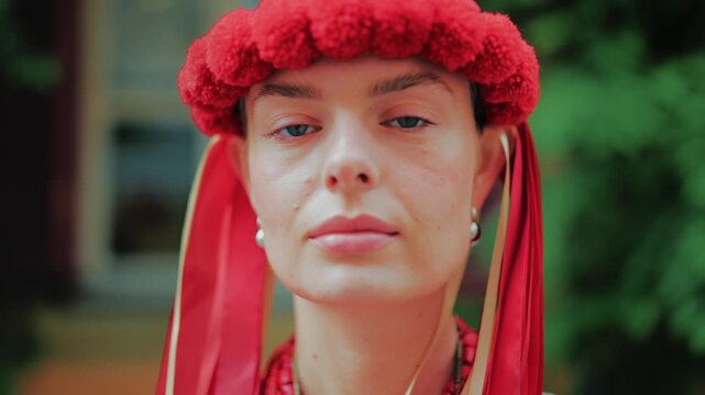 Close-up portrait of a lady in authentic vyshyvanka and red wreath. Her steady, direct gaze reflects the unwavering courage and invincible spirit defining the heart of the strong Ukrainian nation.