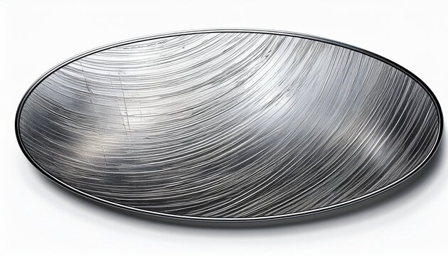 textured oval shape with abstract scratch marks isolated on white background a circular piece of brushed metal with a detailed silver texture isolated on white background