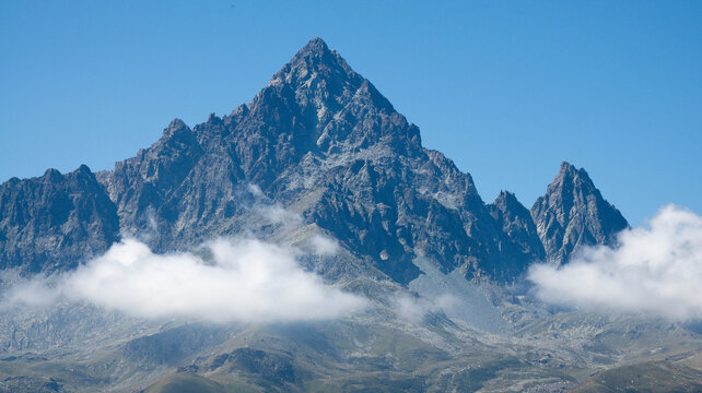 Piedmont mountain landscapes with Monviso in the Po Valley of Crissolo during summer vacation