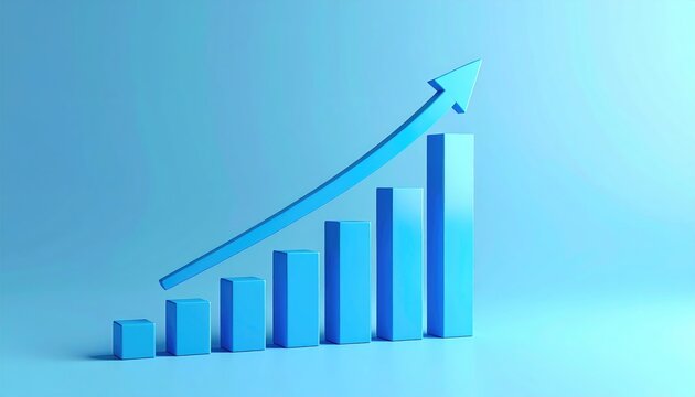 A blue bar chart with an upward trending arrow indicating growth