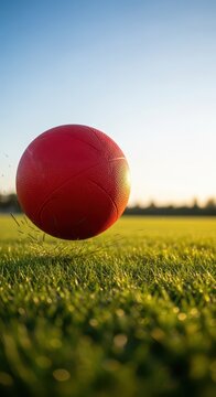 A bright red rubber kickball is kicked across a sunny grassy field during an active outdoor recreational game played between teams, movement, spring, running