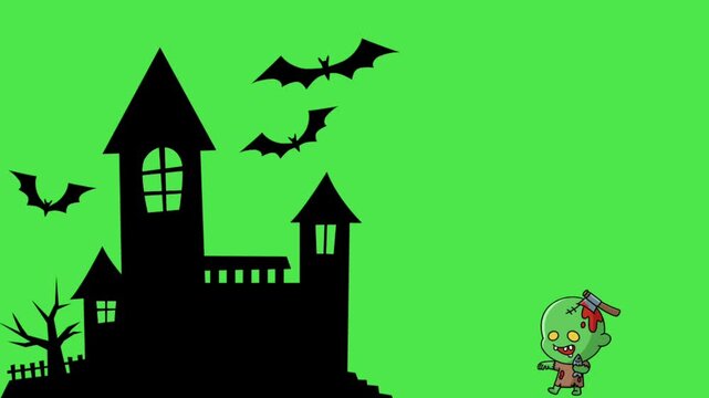 Halloween Haunted Castle Silhouette with Cute Little Zombie on Green Screen Background