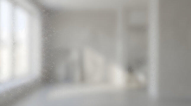 Dust motes dancing in sunlit room: Delicate dust particles suspended in the air, illuminated by soft sunlight streaming through a large window, creating an ethereal atmosphere of quiet solitude.