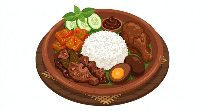 Vector illustration of Nasi Gudeg, a traditional Javanese meal from Yogyakarta consisting of sweet jackfruit stew, chicken, hard-boiled egg, krecek (cattle skin spicy stew), and rice.