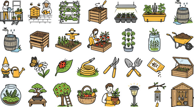 Gardening icons illustrate a diverse range of horticultural tools, plants, and sustainable cultivation techniques for amateur and professional growers.