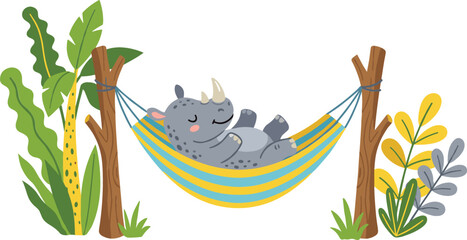 Cute Cartoon Rhinoceros Sleeping in Hammock Vector Illustration with Tropical Jungle Leaves and Trees for Nursery or Children Book Design © MdSaddam
