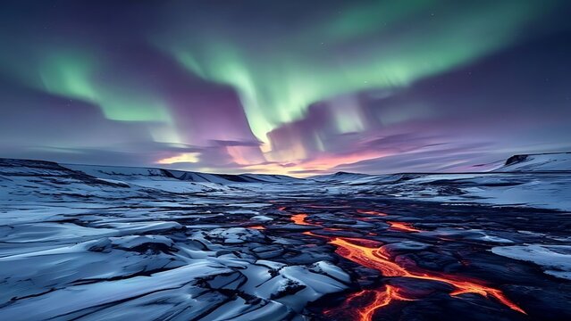 Aurora borealis over frozen lake at twilight.