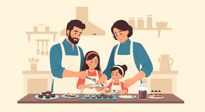 A happy family making and arranging delicious sweets together in a cozy kitchen environment