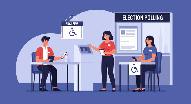 Election workers assisting voters at accessible polling station with digital equipment and information displays