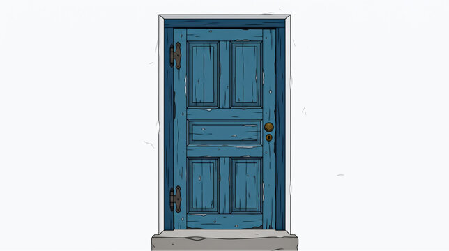 Illustration of a weathered blue wooden door with vintage hinges and a brass knob
