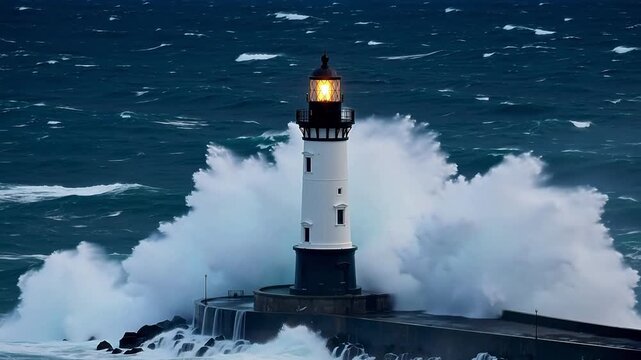 Lighthouse Battling Towering Waves in a Storm