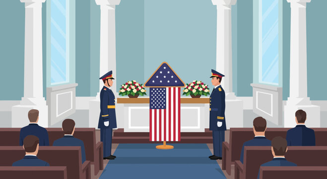 Military officers observe a folded American flag during a solemn ceremony indoors, honoring fallen heroes with floral tributes.