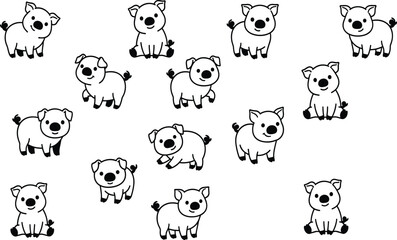 Obraz premium Pattern with Cute Minimalist Pig Characters in Playful Poses Featuring Flat Design Vector Illustration for Children's Products and Fabric Backgrounds
