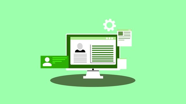Minimalist animation of a computer monitor displaying a webpage with text and profile icon on a teal background