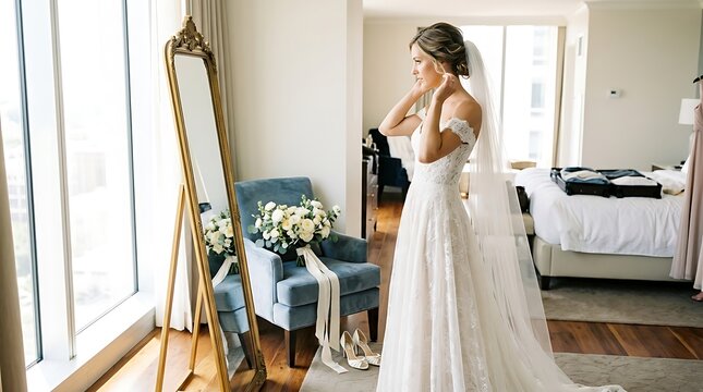 Bride in Wedding Dress Adjusting Jewelry in Elegant Hotel Room with Mirror and Bouquet