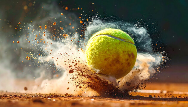 Tennis ball in motion dynamic sports action with dust and impact