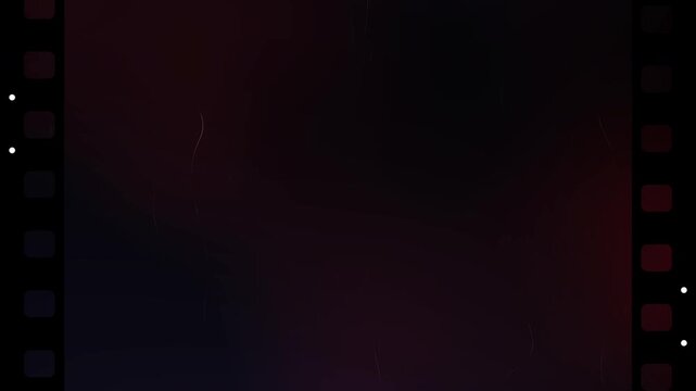 Abstract vintage film overlay with dark purple and red light leaks and film strip sprocket holes on the sides featuring flickering white symbols for retro cinematic video effects
