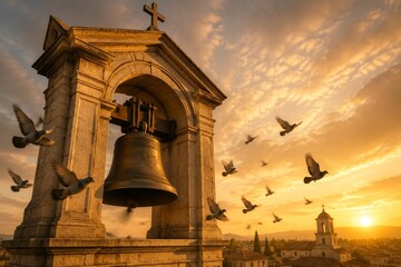 Fototapeta premium carillon. Church bell tower with pigeons circling bronze bell in golden hour light. real-estate listings.