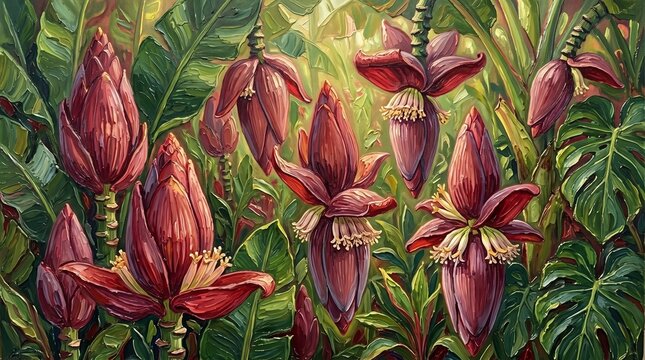 Impressionist Oil Painting of Exotic Banana Blossoms in Tropical Jungle