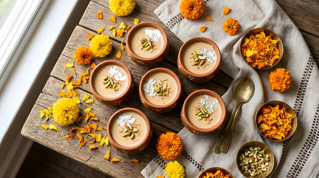 Festive Indian dessert bowls with chandi vark, nuts, and marigolds