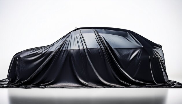 a dark fabric car cover conceals a vehicle s shape suggesting anticipation or protection isolated on white background