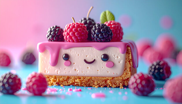 Cute cheesecake slice clay model berry topping pink glaze smiling dessert pastel background sweet food cartoon style