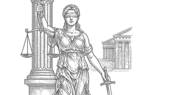 Classic engraving illustration of Lady Justice holding scales and sword in front of a courthouse.