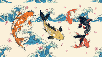 Colorful Koi Fish Swimming in Ocean Waves with Cherry Blossoms with japanese art and wave pattern and floral pattern in asian art traditional design for aquatic animals © Salman