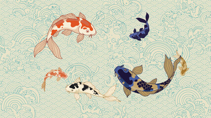 Colorful Koi Fish Swimming in Japanese Water Waves Pattern with aquatic animals and aquatic life and vibrant colors in oriental design fins for tails © Salman