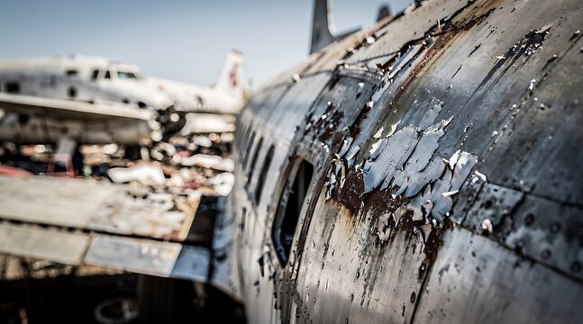 Abandoned vintage aircraft fuselage in a desert airplane graveyard.