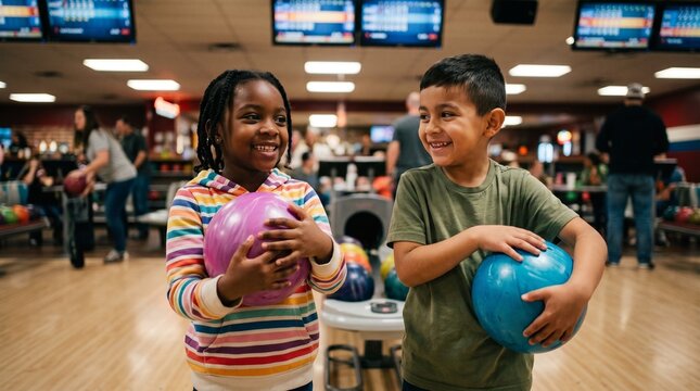 Two smiling children, one with a colorful striped shirt and the other in a green t-shirt, holding bowling balls in a bowling alley