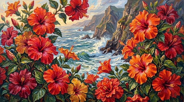 Impressionist Oil Painting of Tropical Hibiscus Flowers on Coastal Cliff Facing Sea
