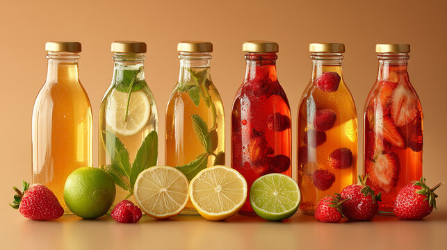 Assorted kombucha bottles with fresh fruits, commercial stock image
