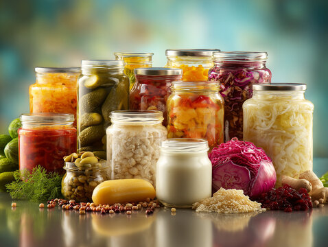 Assorted probiotic and prebiotic foods, commercial stock image