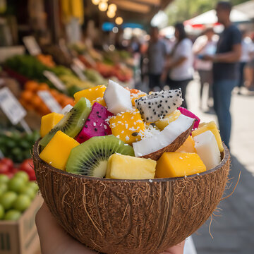 A vibrant tropical fruit salad served in a natural coconut shell at an outdoor market