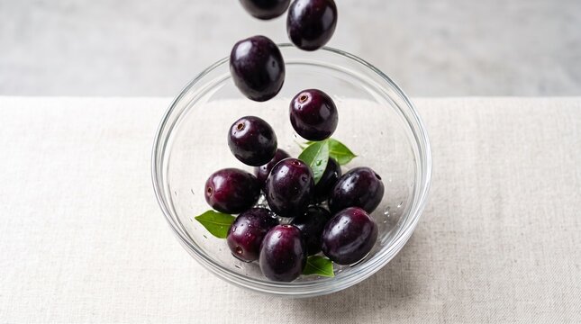 Fresh black plum fruits or syzygium cumini falling into a glass bowl on a light fabric background