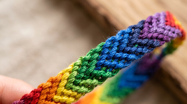 Closeup of a colorful handmade rainbow braided friendship bracelet